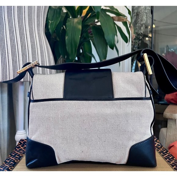 TORY BURCH AUTHENTIC VINTAGE CANVAS AND BLACK (DARK BLUE?) HANDBAG - Picture 6 of 15